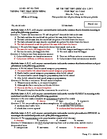 Đề thi thử THPT Quốc gia lần 1 năm 2018 môn Tiếng Anh - Trường THPT Phan Đình Phùng - Mã đề 103 (Kèm đáp án)