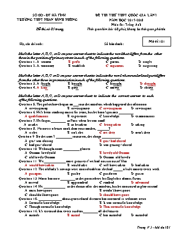 Đề thi thử THPT Quốc gia lần 1 năm 2018 môn Tiếng Anh - Trường THPT Phan Đình Phùng - Mã đề 101 (Kèm đáp án)