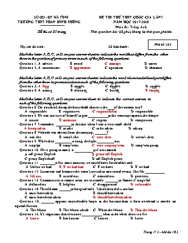 Đề thi thử THPT Quốc gia lần 1 năm 2018 môn Tiếng Anh - Trường THPT Phan Đình Phùng - Mã đề 102 (Kèm đáp án)