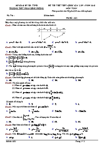 Đề thi thử THPT Quốc gia lần 1 năm 2018 môn Toán - Trường THPT Phan Đình Phùng - Mã đề 602+504 (Kèm đáp án)