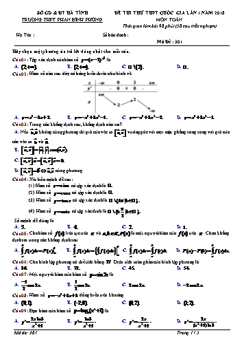 Đề thi thử THPT Quốc gia lần 1 năm 2018 môn Toán - Trường THPT Phan Đình Phùng - Mã đề 301+303 (Kèm đáp án)