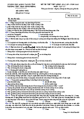 Đề thi thử THPT Quốc gia lần 1 năm 2018 môn Vật lý - Trường THPT Phan Đình Phùng - Mã đề 001 (Kèm đáp án)