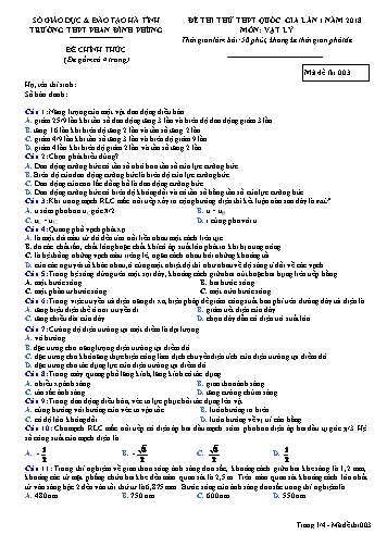 Đề thi thử THPT Quốc gia lần 1 năm 2018 môn Vật lý - Trường THPT Phan Đình Phùng - Mã đề 003 (Kèm đáp án)