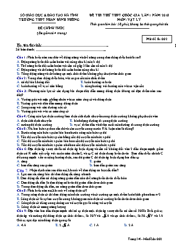 Đề thi thử THPT Quốc gia lần 1 năm 2018 môn Vật lý - Trường THPT Phan Đình Phùng - Mã đề 002 (Kèm đáp án)