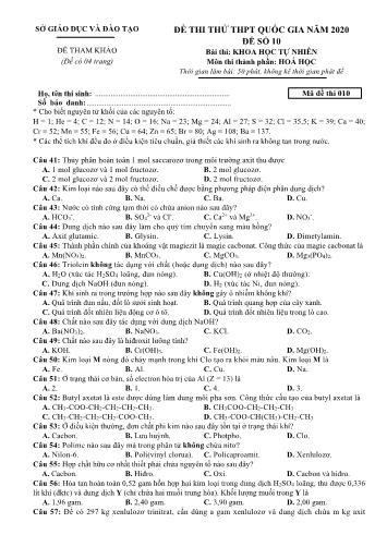 Đề thi thử THPT Quốc gia môn Hóa học - Mã đề 010 (Có đáp án)