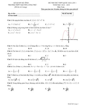 Đề thi thử THPT Quốc gia môn Toán - Năm học 2018-2019 - Trường THPT Nguyễn Công Trứ - Mã đề 002