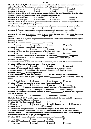 Đề thi thử Tiếng Anh Lớp 11 - Đề 11 (Có đáp án)