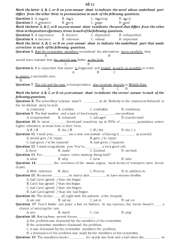 Đề thi thử Tiếng Anh Lớp 11 - Đề 12 (Có đáp án)