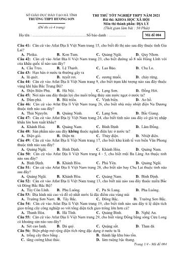 Đề thi thử tốt nghiệp THPT môn Địa Lí Lớp 12 - Trường THPT Hương Sơn - Mã đề 004