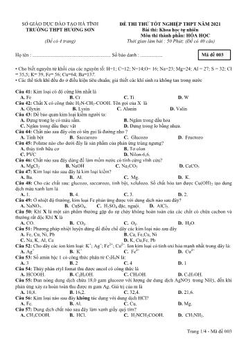Đề thi thử tốt nghiệp THPT môn Hóa học Lớp 12 - Trường THPT Hương Sơn - Mã đề 003