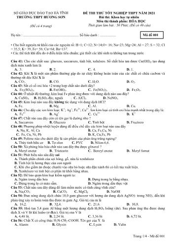 Đề thi thử tốt nghiệp THPT môn Hóa học Lớp 12 - Trường THPT Hương Sơn - Mã đề 001