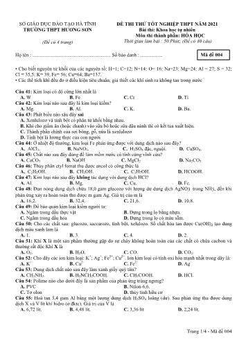 Đề thi thử tốt nghiệp THPT môn Hóa học Lớp 12 - Trường THPT Hương Sơn - Mã đề 004