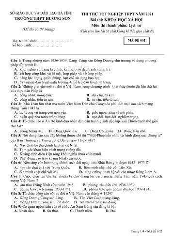 Đề thi thử tốt nghiệp THPT môn Lịch sử Lớp 12 - Trường THPT Hương Sơn - Mã đề 002