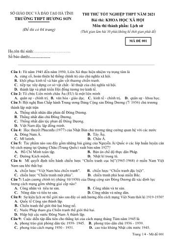 Đề thi thử tốt nghiệp THPT môn Lịch sử Lớp 12 - Trường THPT Hương Sơn - Mã đề 001