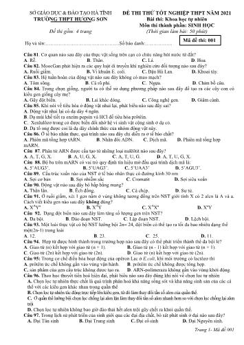 Đề thi thử tốt nghiệp THPT môn Sinh học Lớp 12 - Trường THPT Hương Sơn - Mã đề 001