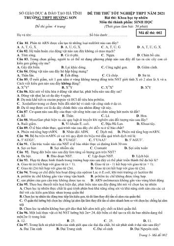 Đề thi thử tốt nghiệp THPT môn Sinh học Lớp 12 - Trường THPT Hương Sơn - Mã đề 002