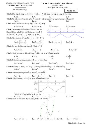 Đề thi thử tốt nghiệp THPT môn Toán Lớp 12 - Trường THPT Hương Sơn - Mã đề 001