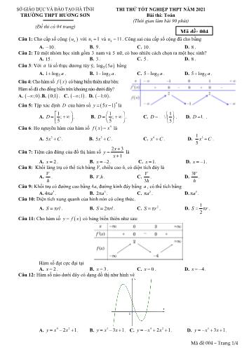 Đề thi thử tốt nghiệp THPT môn Toán Lớp 12 - Trường THPT Hương Sơn - Mã đề 004