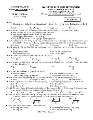 Đề thi thử tốt nghiệp THPT môn Vật lí Lớp 12 - Trường THPT Hương Sơn - Mã đề 002
