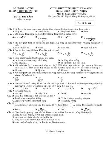 Đề thi thử tốt nghiệp THPT môn Vật lí Lớp 12 - Trường THPT Hương Sơn - Mã đề 004
