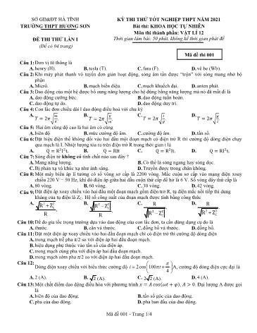 Đề thi thử tốt nghiệp THPT môn Vật lí Lớp 12 - Trường THPT Hương Sơn - Mã đề 001