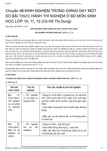 Giáo án Chuyên đề môn Sinh học - Kinh nghiệm trong giảng dạy một số bài thực hành thí nghiệm ở bộ môn Sinh học Lớp 10,11,12 - Hồ Thị Dung