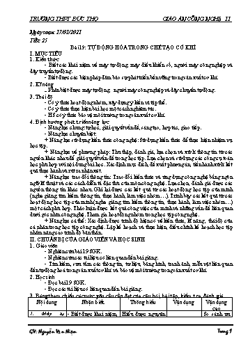 Giáo án Công nghệ 11 - Tiết 25, Bài 19: Tự động hóa trong chế tạo cơ khí - Nguyễn Văn Niệm