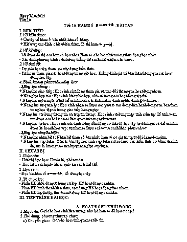 Giáo án Đại số Lớp 10 - Tiết 10: Hàm số y = ax + b. Bài tập - Năm học 2019-2020