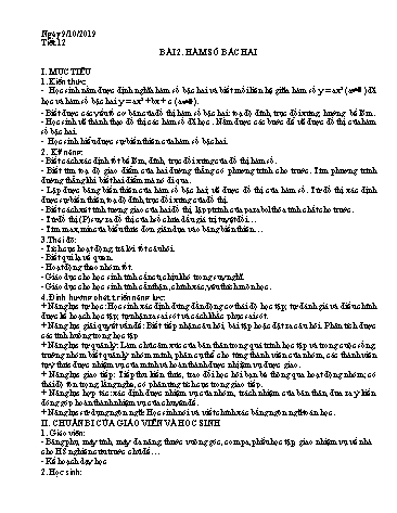 Giáo án Đại số Lớp 10 - Tiết 12, Bài 2: Hàm số bậc hai (Tiết 2) - Năm học 2019-2020