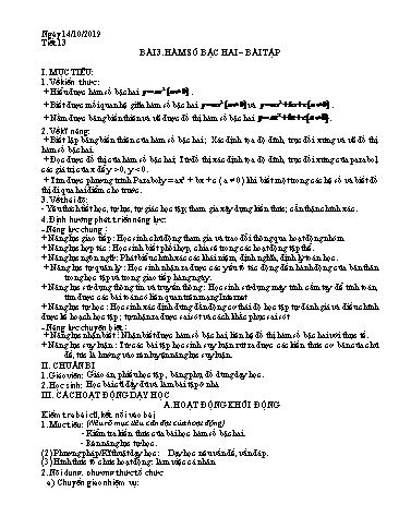 Giáo án Đại số Lớp 10 - Tiết 13, Bài 3: Hàm số bậc hai (Bài tập) - Năm học 2019-2020