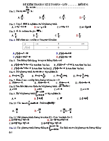 Giáo án môn Toán Lớp 10 - Tiết 59-41: Đề kiểm tra học kì II - Năm học 2019-2020