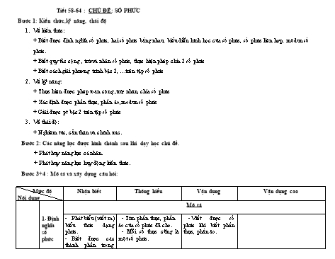 Giáo án môn Toán Lớp 12 - Tiết 58-64, Chủ đề: Số phức