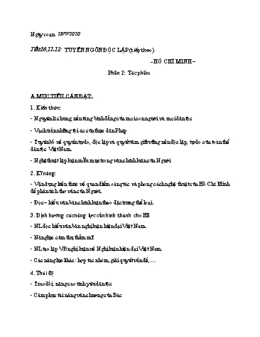 Giáo án Ngữ văn Lớp 12 - Tiết 10-12: Tuyên ngôn độc lập - Năm học 2019-2020