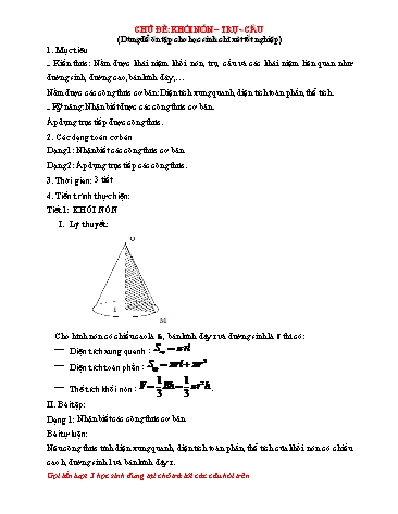 Giáo án ôn thi THPT Quốc gia môn Toán - Chủ đề: Khối nón-trụ-cầu (Dùng để ôn tập cho học sinh chỉ xét tốt nghiệp)