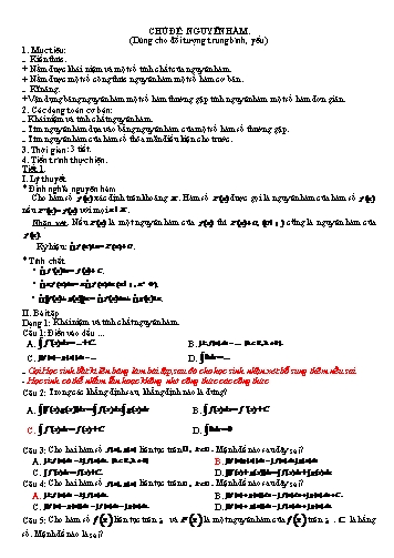 Giáo án ôn thi THPT Quốc gia môn Toán - Nguyên hàm (Dùng cho đối tượng trung bình, yếu)