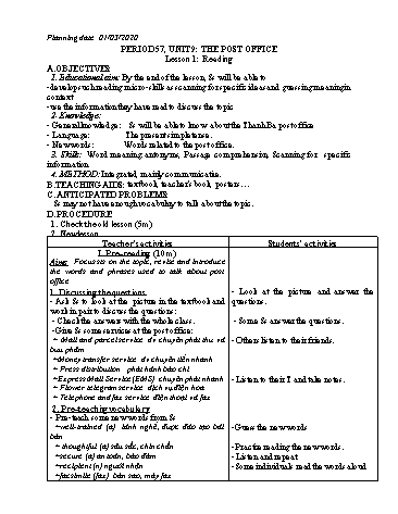 Giáo án Tiếng Anh Lớp 11 - Period 57-59, Unit 9: The Post Office - Năm học 2019-2020