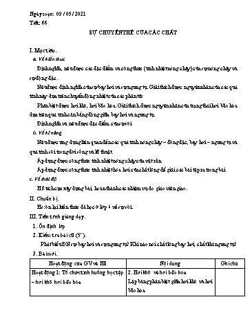 Giáo án Vật lý Lớp 10 - Tiết 66: Sự chuyển thể của các chất - Năm học 2020-2021