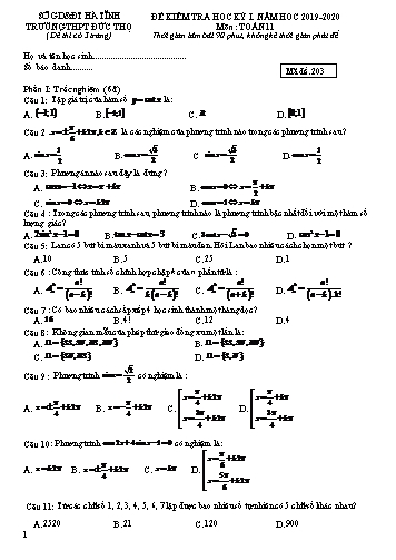 Đề kiểm tra học kỳ I môn Toán 11 - Năm học 2019-2020 - Trường THPT Đức Thọ - Mã đề 203 (Kèm đáp án)