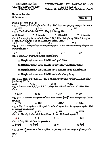 Đề kiểm tra học kỳ I môn Toán 11 - Năm học 2019-2020 - Trường THPT Đức Thọ - Mã đề 405 (Kèm đáp án)