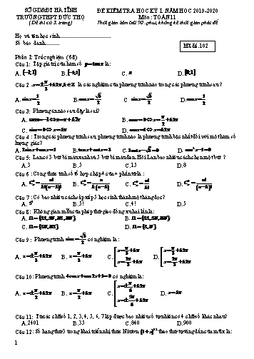 Đề kiểm tra học kỳ I môn Toán 11 - Năm học 2019-2020 - Trường THPT Đức Thọ - Mã đề 102 (Kèm đáp án)