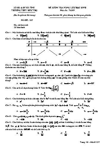 Đề kiểm tra năng lực học sinh môn Toán Lớp 12 - Trường THPT Đức Thọ - Mã đề 257 (Kèm đáp án)