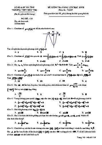 Đề kiểm tra năng lực học sinh môn Toán Lớp 12 - Trường THPT Đức Thọ - Mã đề 124 (Kèm đáp án)