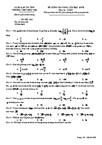 Đề kiểm tra năng lực học sinh môn Toán Lớp 12 - Trường THPT Đức Thọ - Mã đề 468 (Kèm đáp án)