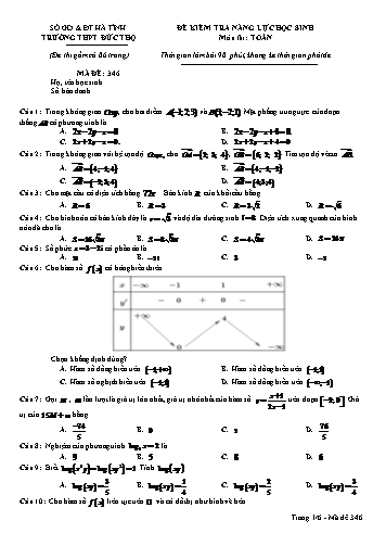 Đề kiểm tra năng lực học sinh môn Toán Lớp 12 - Trường THPT Đức Thọ - Mã đề 346 (Kèm đáp án)