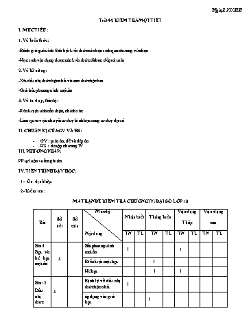 Giáo án Đại số Lớp 10 - Tiết 44: Kiểm tra một tiết