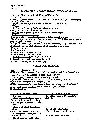 Giáo án Giải tích 11 - Tiết 11, Bài 3: Bài tập Một số phương trình lượng giác thường gặp - Năm học 2019-2020