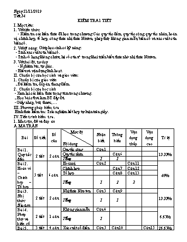 Giáo án Giải tích 11 - Tiết 34: Kiểm tra 1 tiết - Năm học 2019-2020