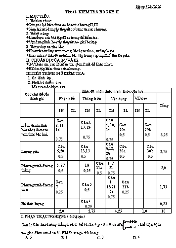 Giáo án Hình học 10 - Tiết 41: Kiểm tra học kỳ II - Năm học 2019-2020