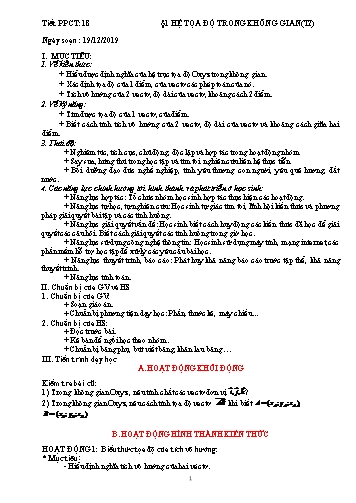Giáo án Hình học 12 - Tiết 18, Bài 1: Hệ tọa độ trong không gian (Tiết 2) - Năm học 2019-2020