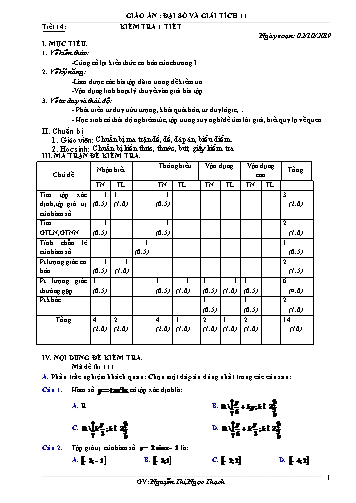 Giáo án môn Toán Lớp 11 - Tiết 14: Kiểm tra 1 tiết - Năm học 2019-2020 - Nguyễn Thị Ngọc Thạch